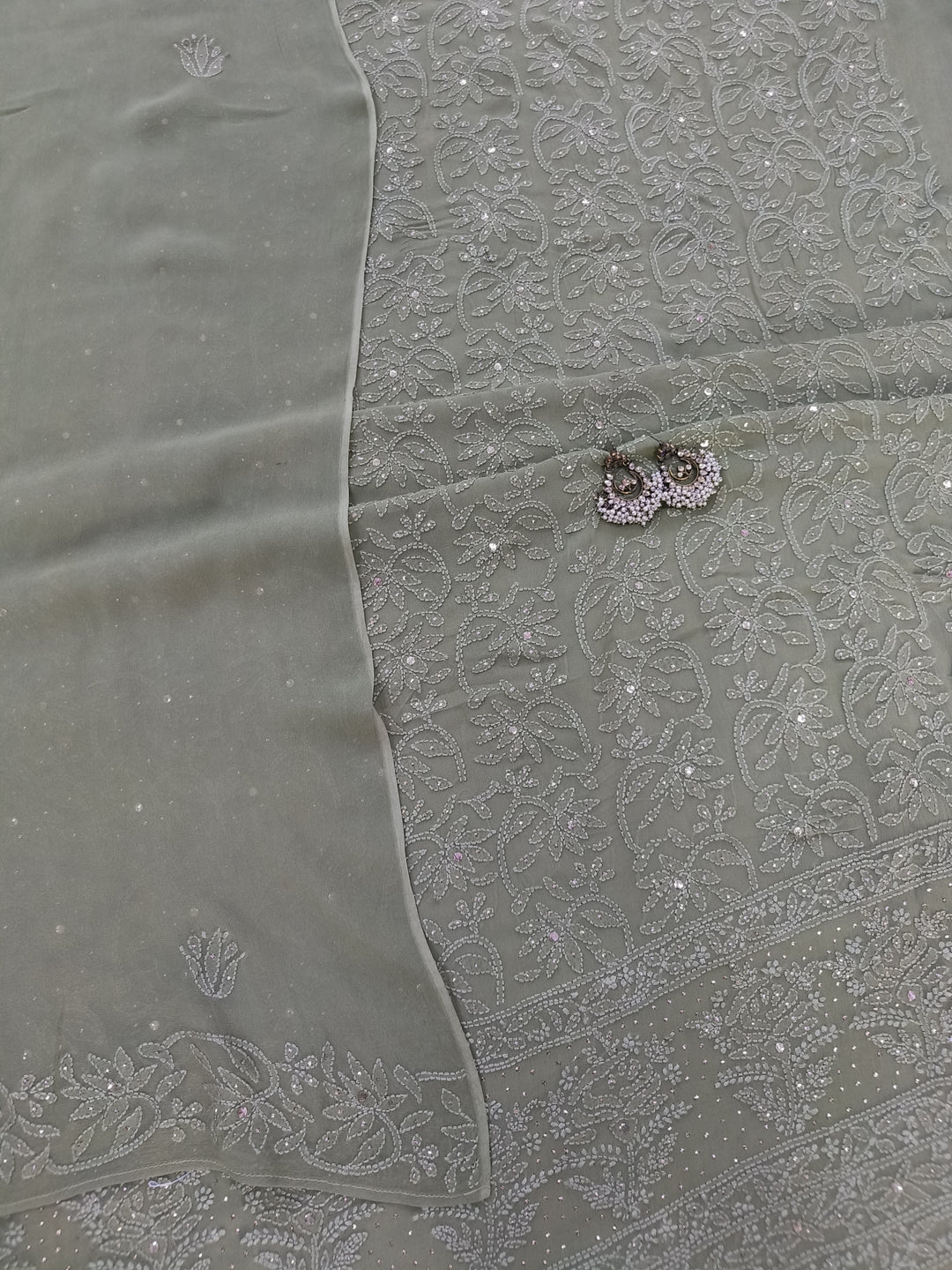 Sage green Georgette Chikankari Kurta duppata fabric