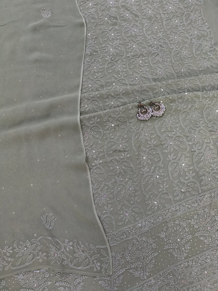 Sage green Georgette Chikankari Kurta duppata fabric
