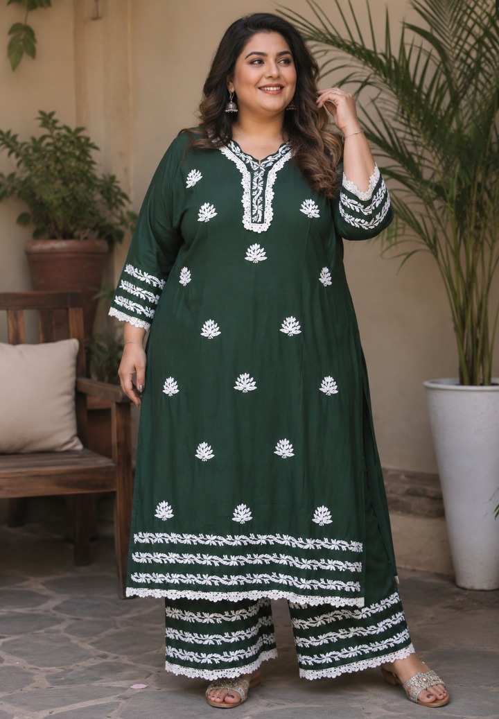 Mehndi Green Rayon Chikankari Kurta Pant Set