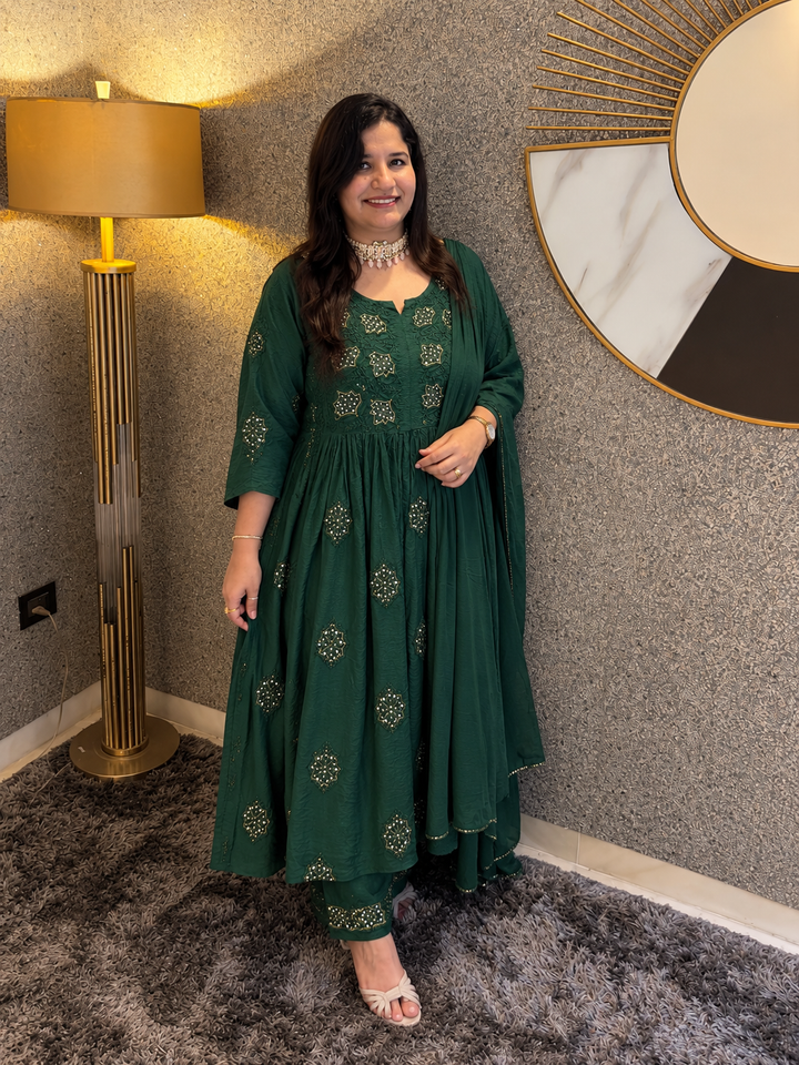 Dark green Chanderi Chikankari Suit Set -Custom Made