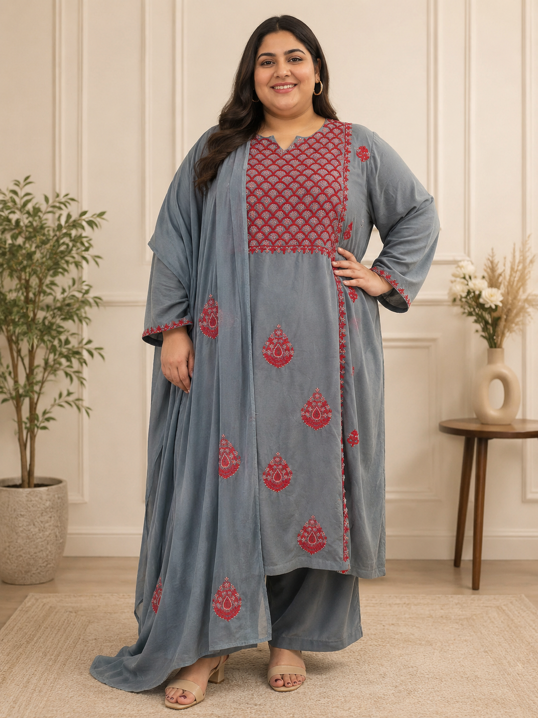 Dark Grey Rayon A-line Chikankari Suit Set