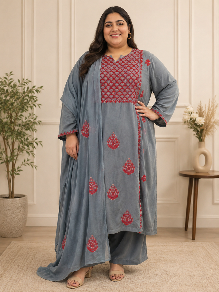 Dark Grey Rayon A-line Chikankari Suit Set