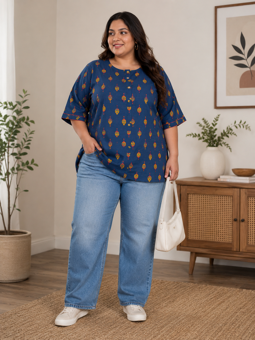Navy Blue Printed Short kurta