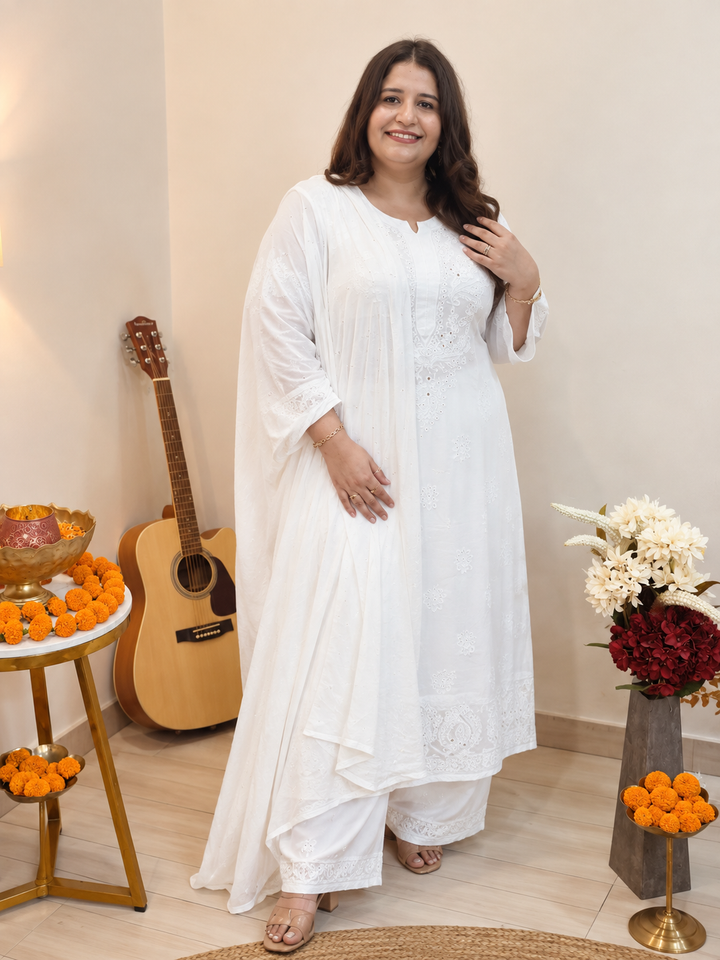 White Georgette Chikankari Suit Set -Custom Made