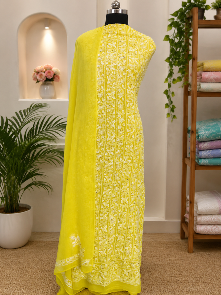 Lemon yellow Georgette Chikankari Kurta duppata fabric