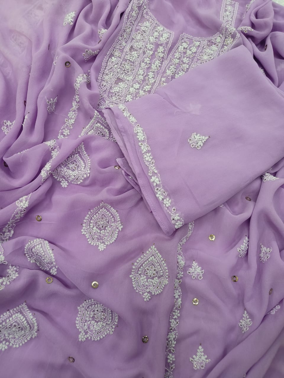 Lilac Lavender Georgette Chikankari Kurta duppata fabric