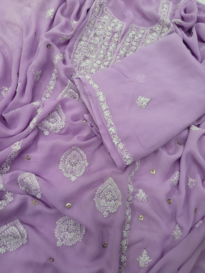 Lilac Lavender Georgette Chikankari Kurta duppata fabric