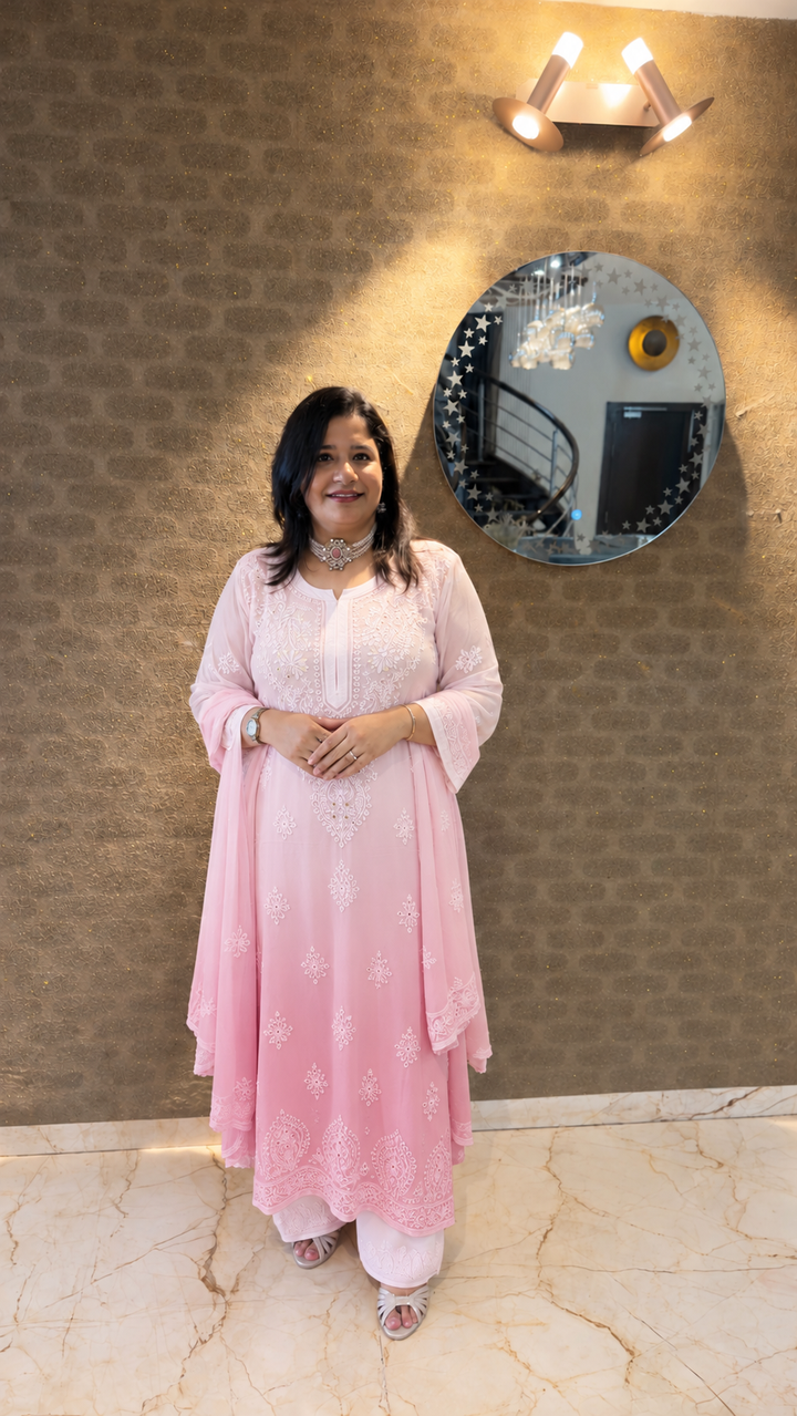Pink Ombre Pure Georgette Chikankari Suit Set -Custom Made