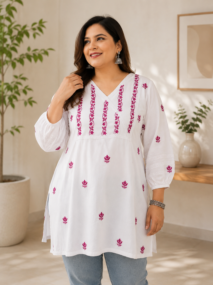 White Rayon Chikankari Short kurta -Custom Made