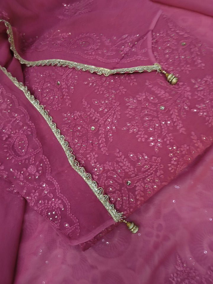 Onion Pink Pure Georgette Chikankari kurta dupatta Fabric