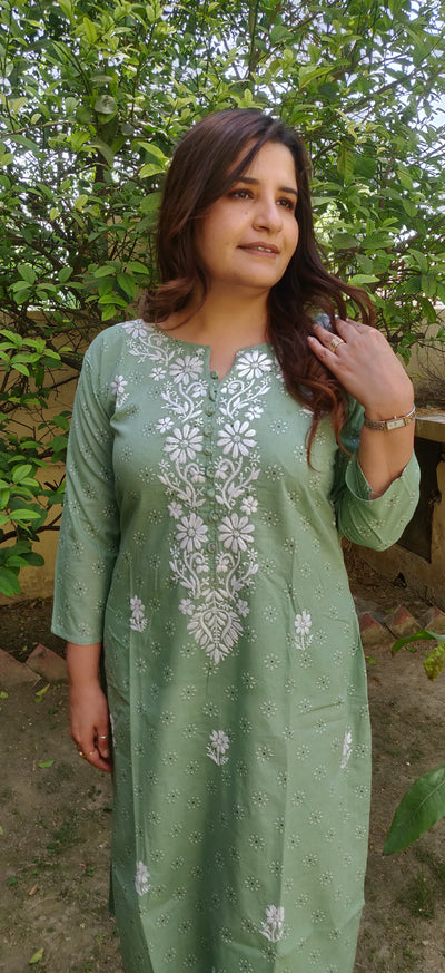 Green Printed Cotton Chikankari Kurta