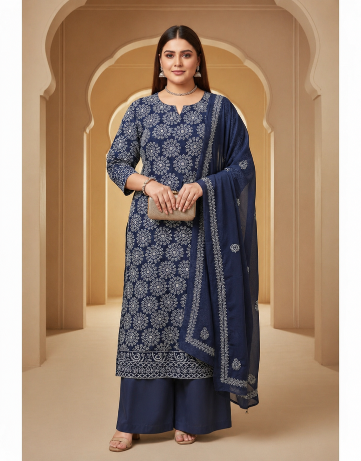 Navy Blue Pure Georgette Chikankari kurta dupatta Fabric -Custom Made