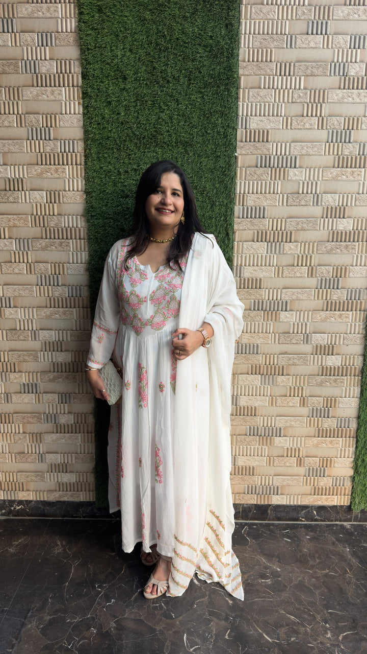 White A-line Chikankari Georgette Set - Custom made