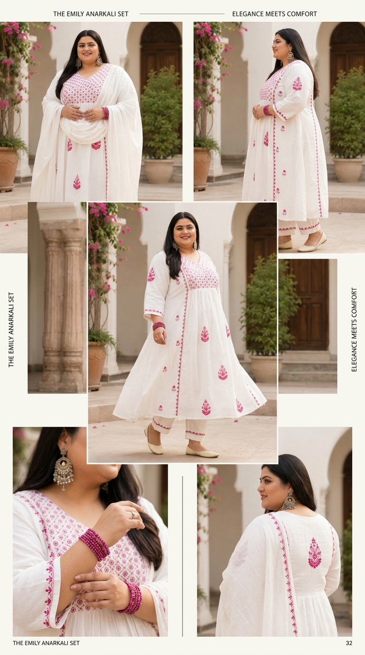 White Chanderi Chikankari A-Line Suit Set -Custom Made