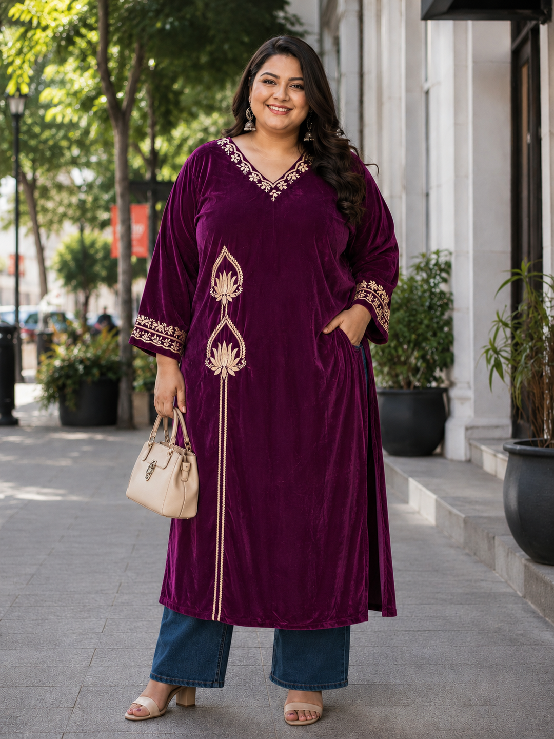 Purple velvet Chikankari kurta