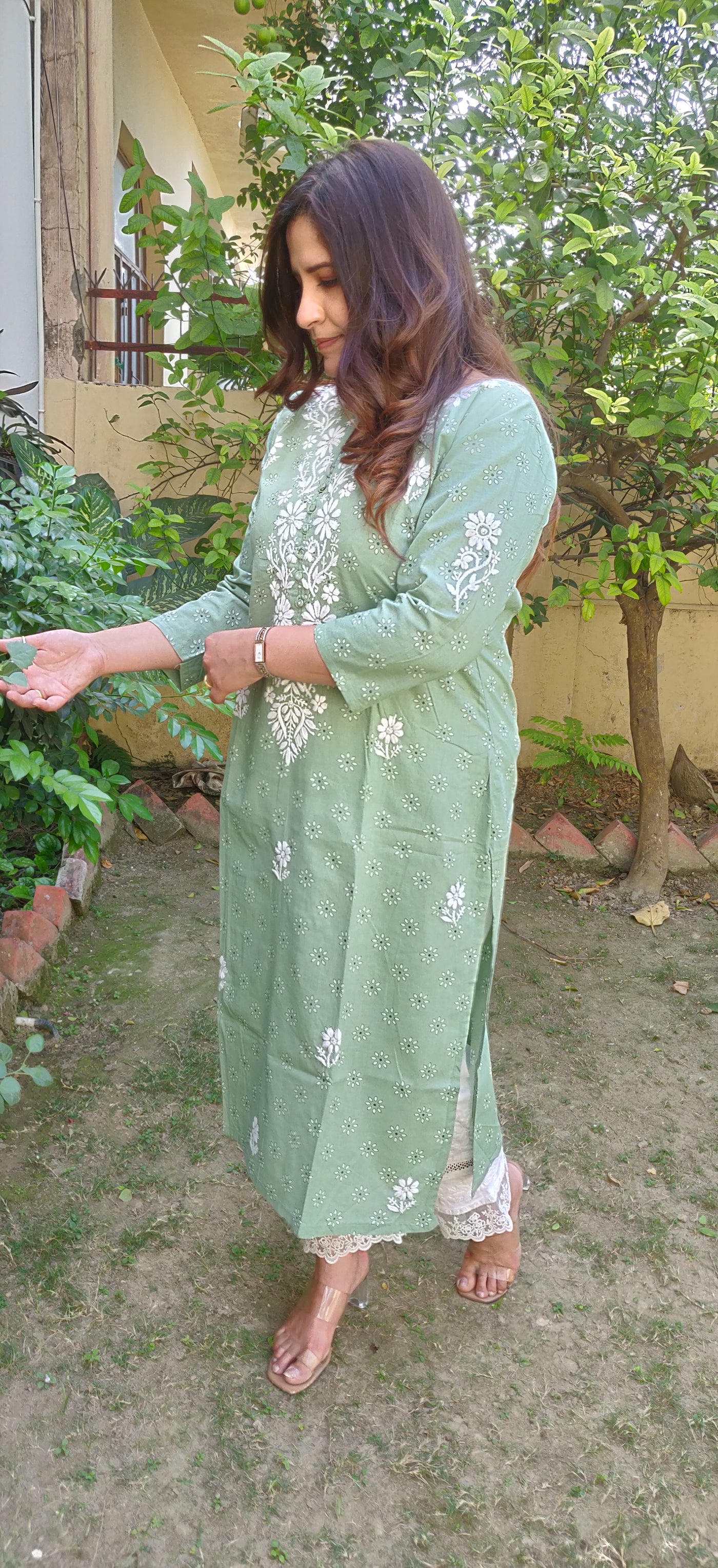 Green Printed Cotton Chikankari Kurta