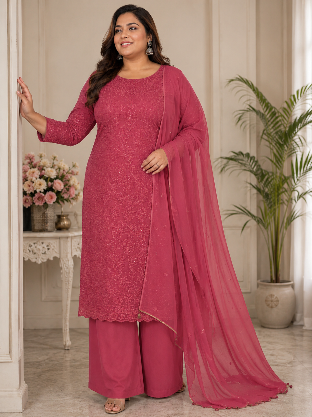 Onion Pink Pure Georgette Chikankari kurta dupatta Fabric -Custom Made