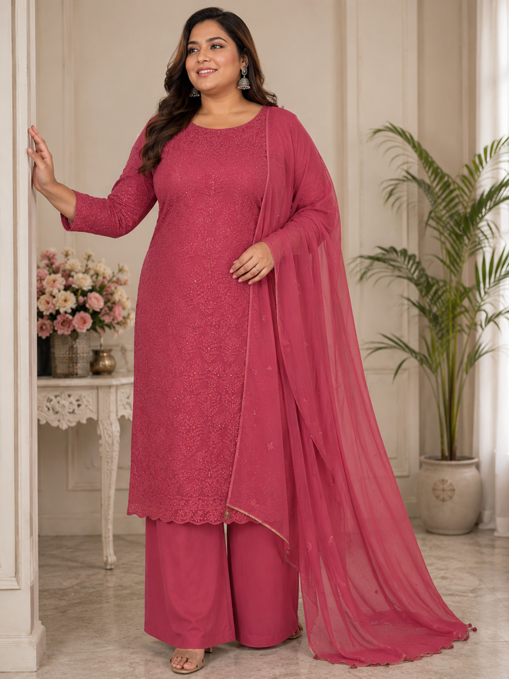 Onion Pink Pure Georgette Chikankari kurta dupatta Fabric -Custom Made