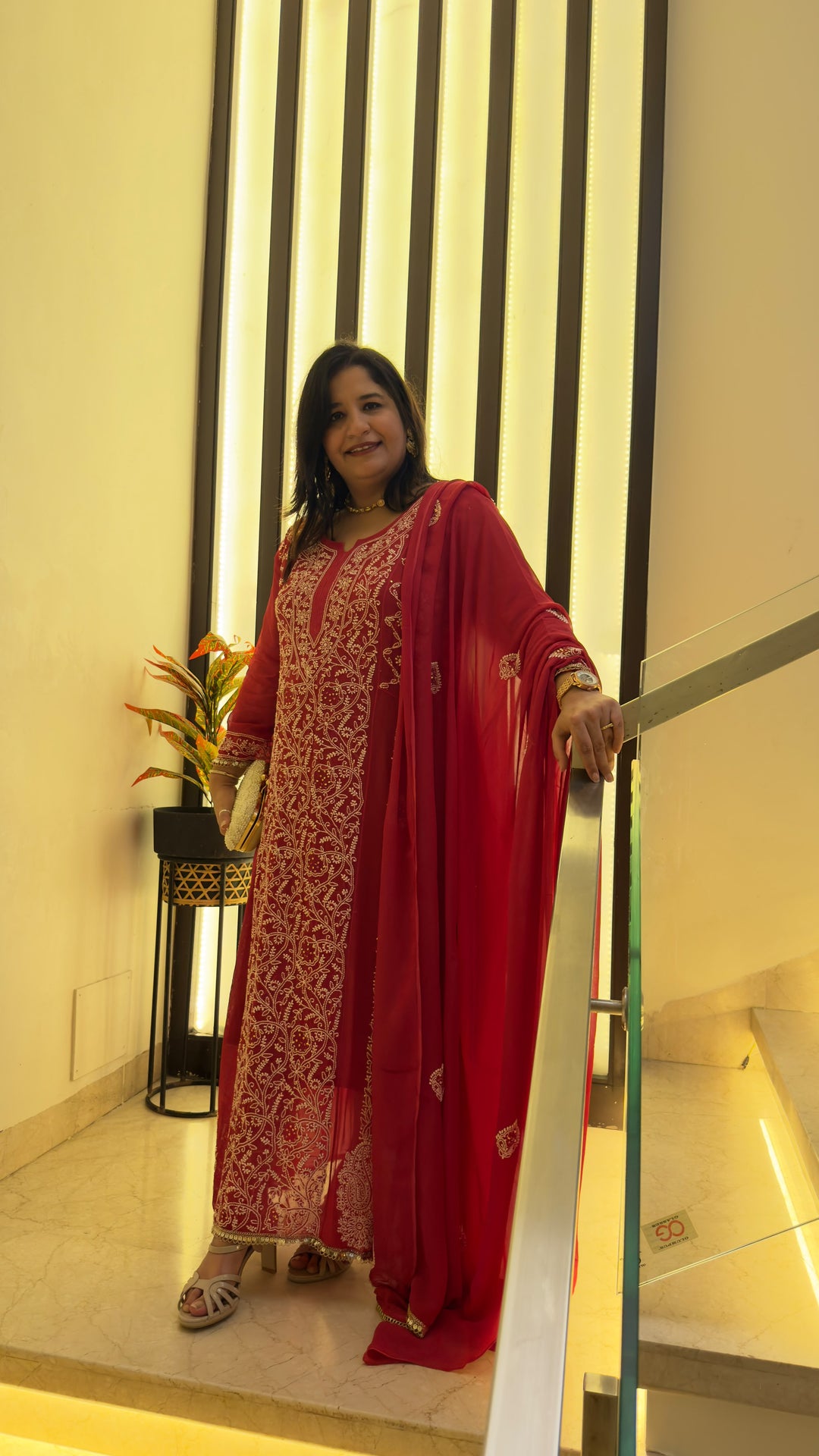 Dark pink Georgette Chikankari A-line Set- Custom Made