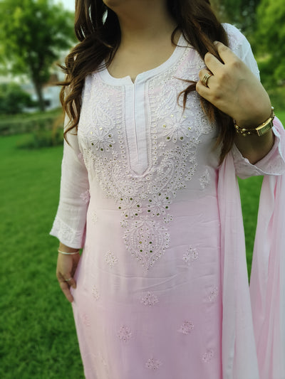 Pink Ombre Pure Georgette Chikankari Kurta-Custom Made