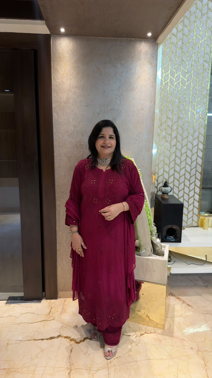 Burgundy Chikankari Georgette Suit Set-Custom Made