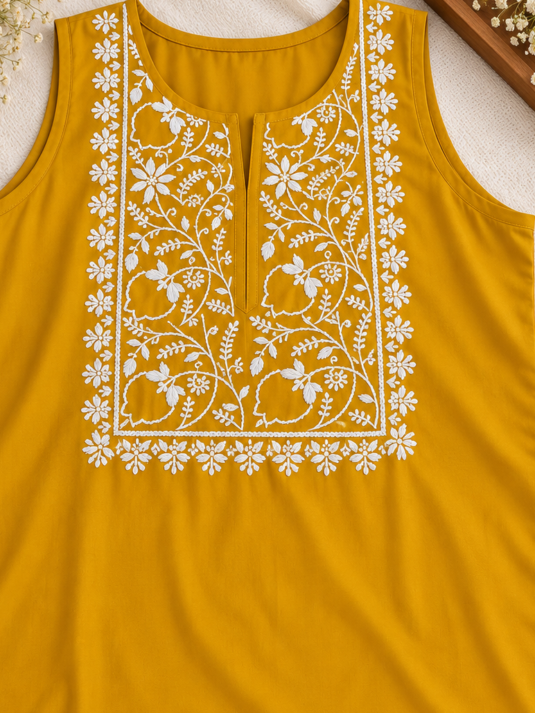 Mustard rayon Short Chikankari kurta