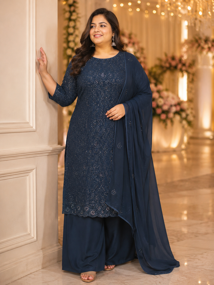 Navy Blue Georgette Chikankari Kurta Duppata Fabric -Custom Made