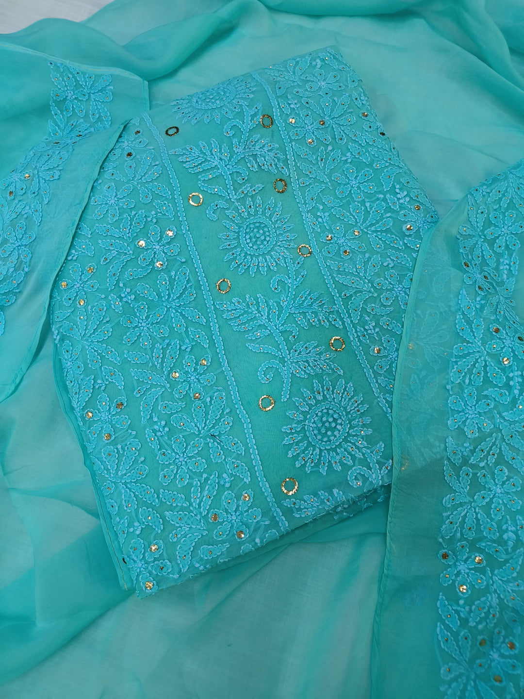 Blue organza Chikankari Kurta duppata fabric