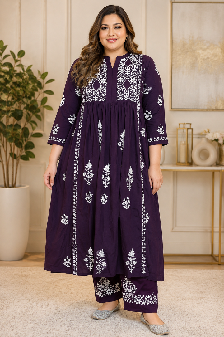 Wine A- Line Chikankari Kurta Pant Set- Custom Made
