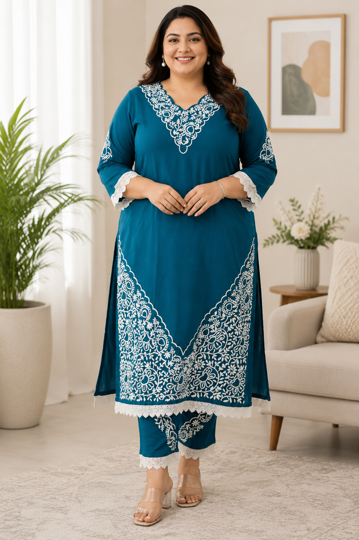 Teal Blue Rayon Chikankari Kurta Pant Set-Custom Made