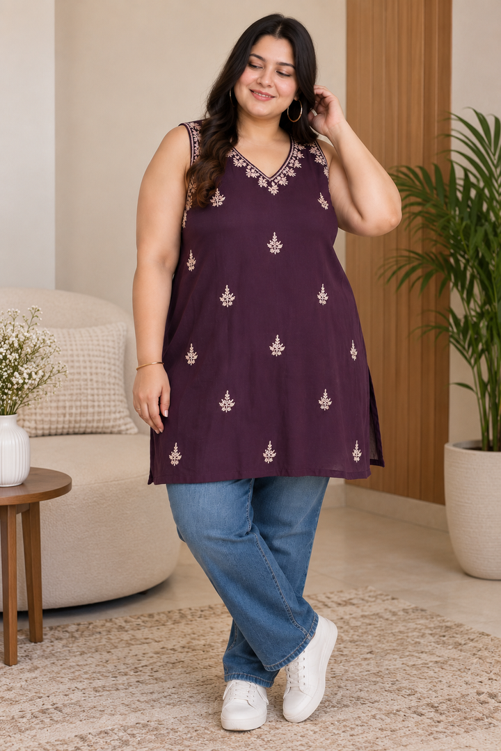 Wine Rayon Chikankari short kurta -Custom Made
