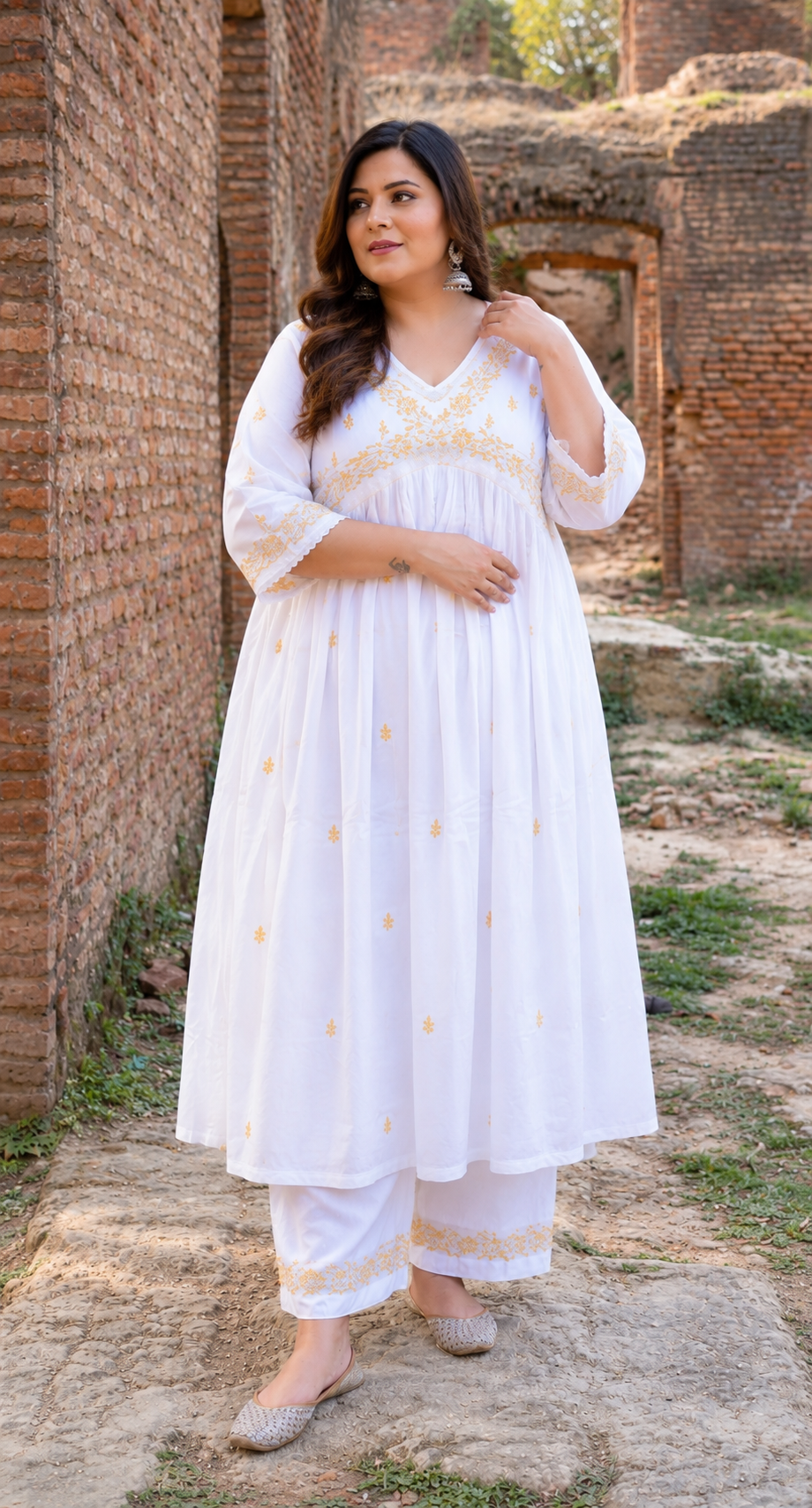 White Rayon Alia Chikankari Kurta With Pant Set- Custom Made