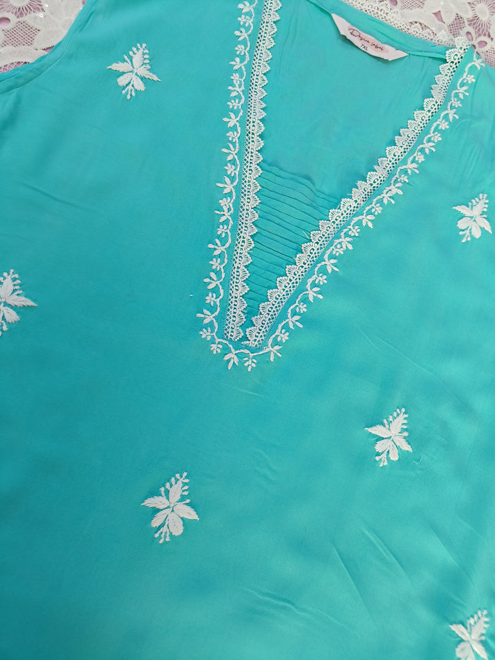 Blue rayon chikankari short kurta -Custom Made