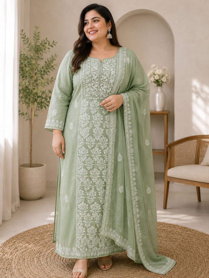 Olive green Chikankari Orzanga Kurta duppata Fabric