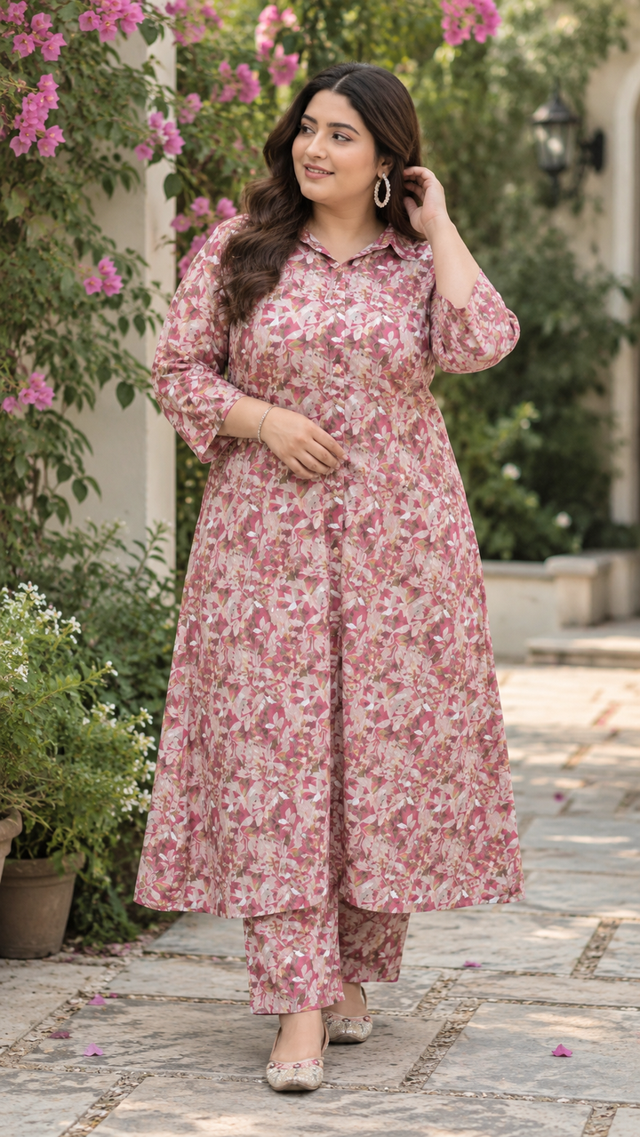Dark Pink Printed Modal Cotton Kurta With Pant Set