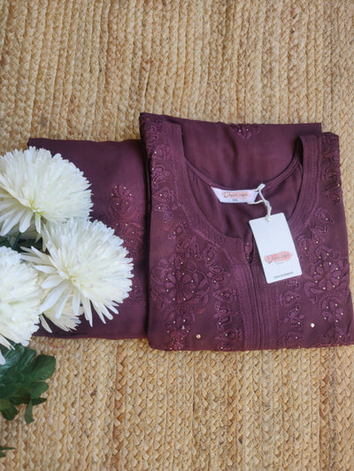 Wine Rayon Chikankari  Set -Custom  Made