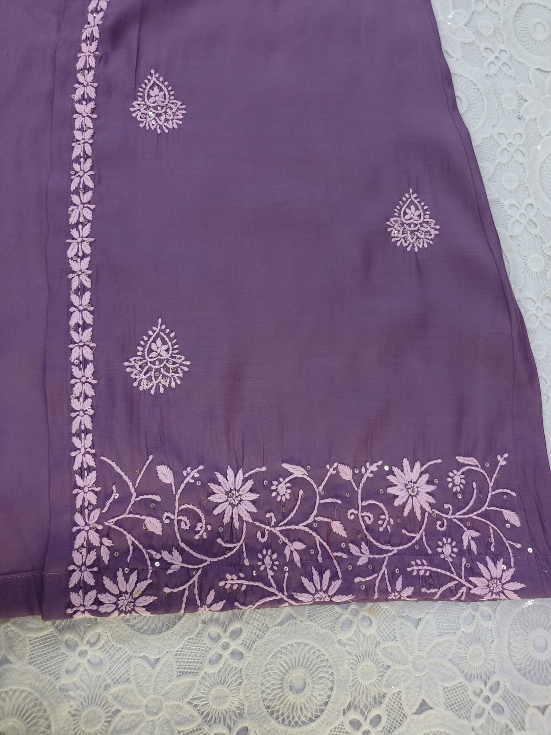 Lavender Chanderi Chikankari A-line shrug Set -Custom Made