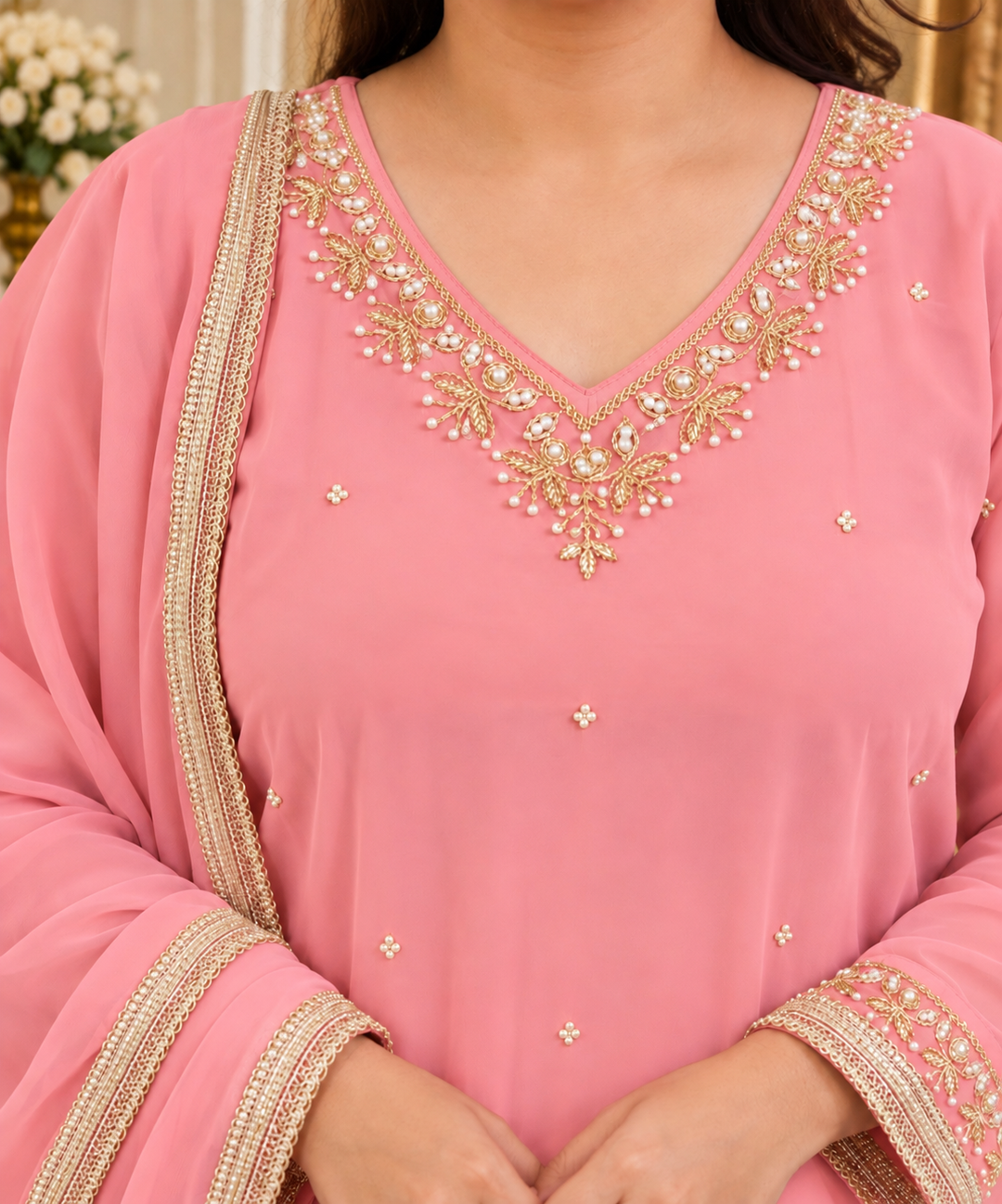 Light pink Georgette embroidered kurta plazzo dupatta set