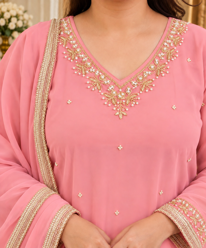 Light pink Georgette embroidered kurta plazzo dupatta set