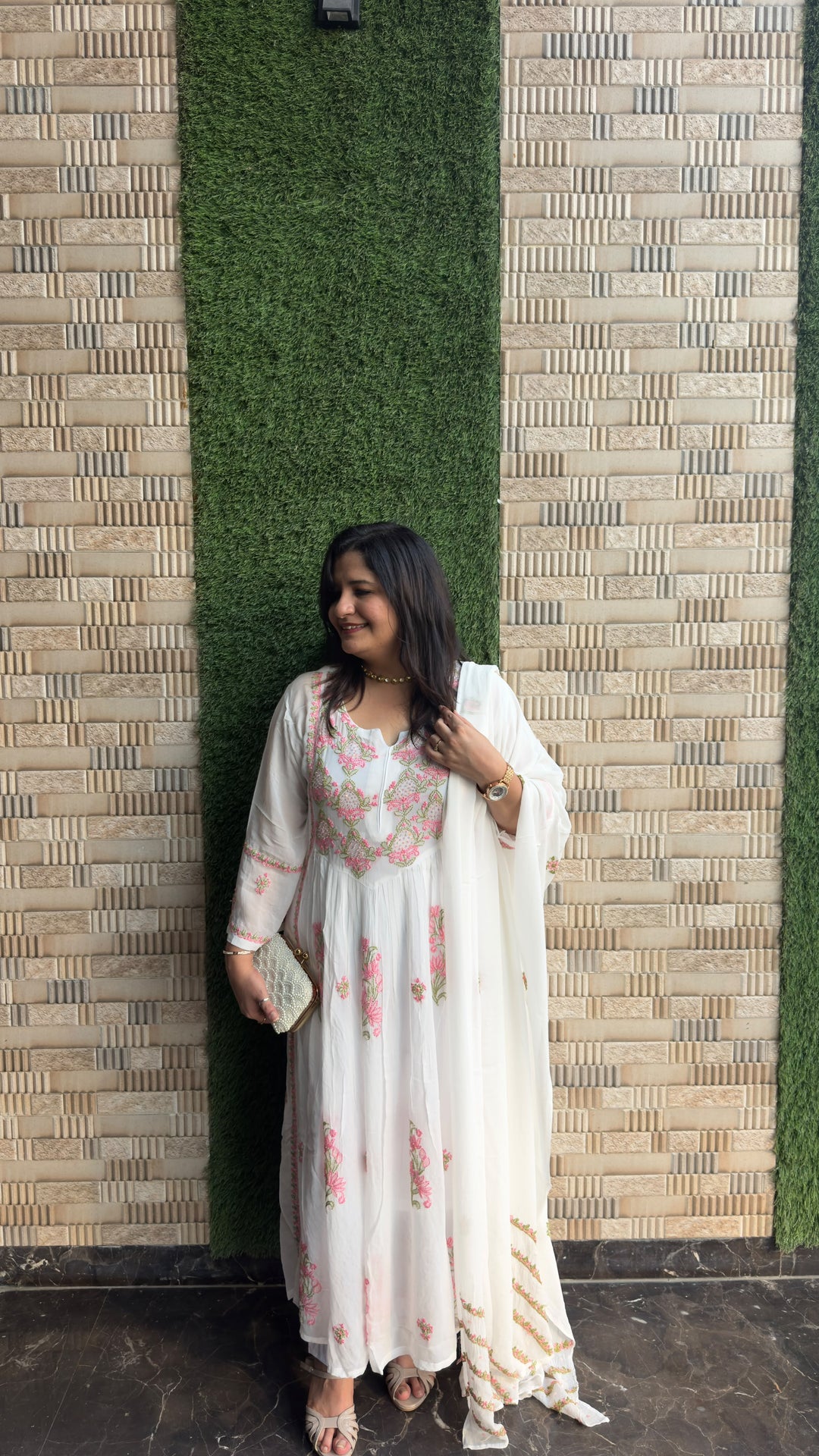 White A-line Chikankari Georgette Set - Custom made