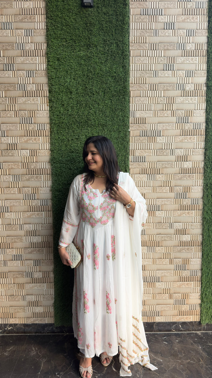 White A-line Chikankari Georgette Set - Custom made