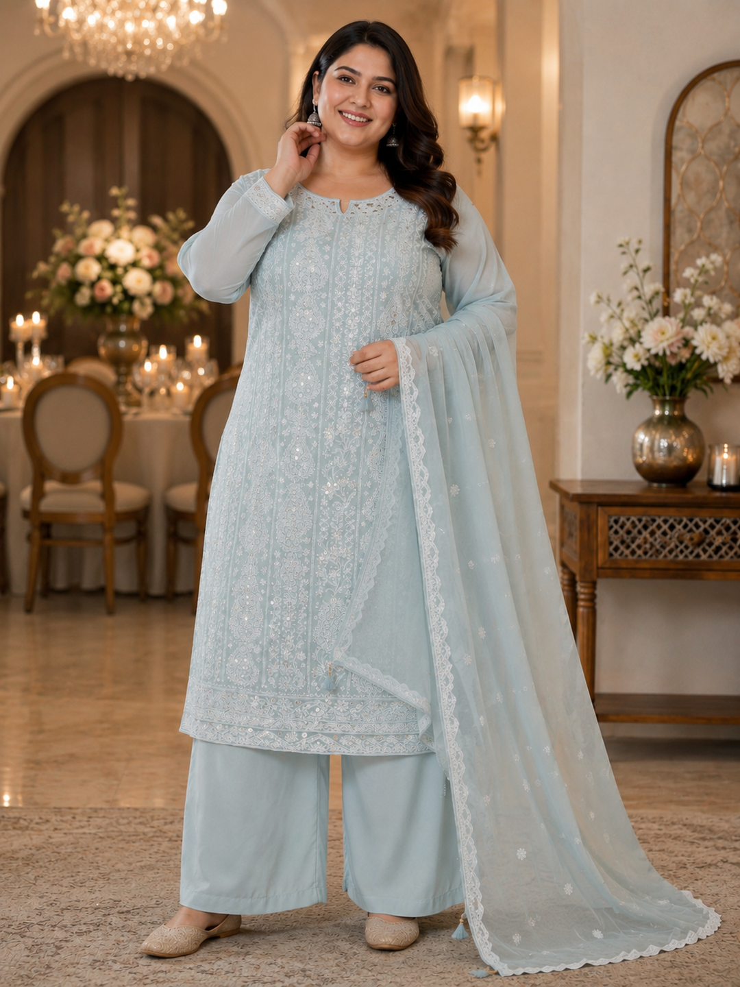 Sea Blue Pure Georgette Chikankari kurta dupatta Fabric -Custom Made