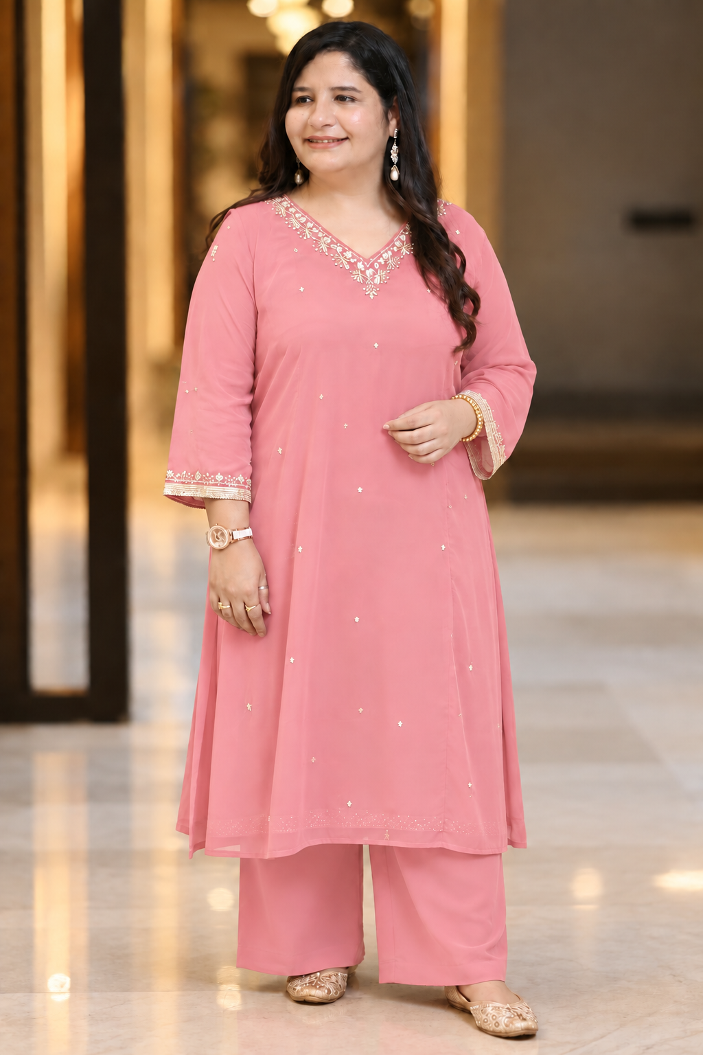 Light pink Georgette embroidered kurta plazzo dupatta set