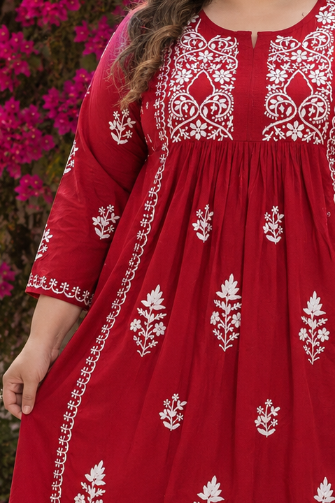 Maroon A-Line Chikankari Kurta Pant Set-Custom Made
