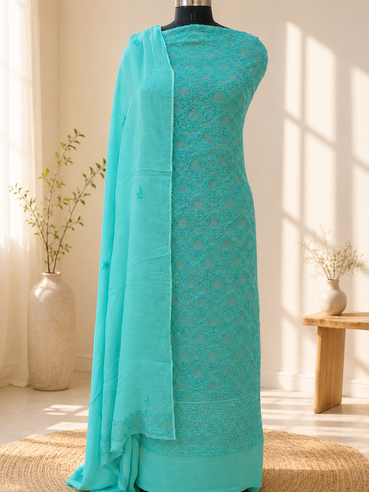 Aqua Blue Georgette Chikankari Kurta Duppata Fabric