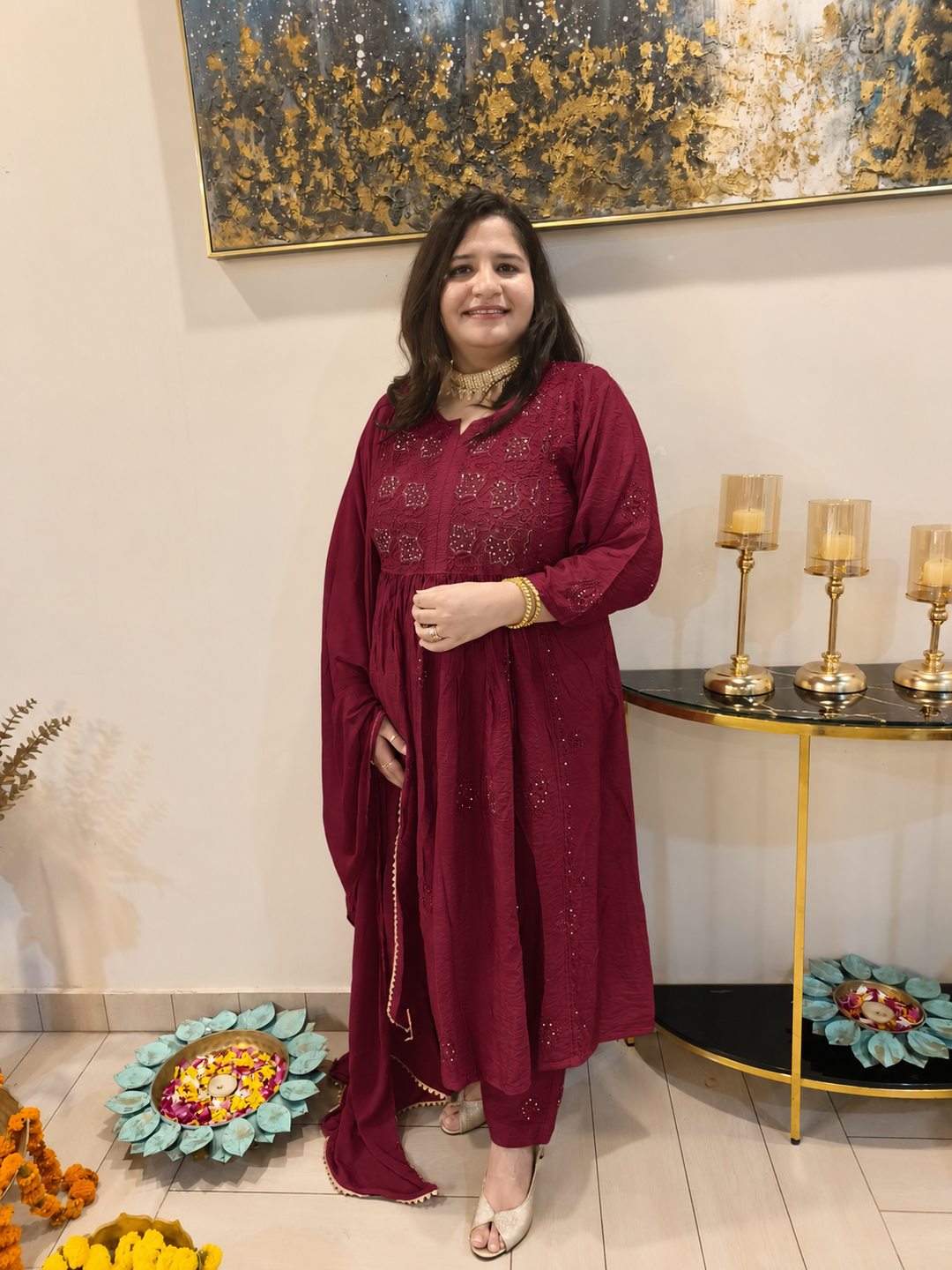 Wine Chanderi Chikankari Suit Set