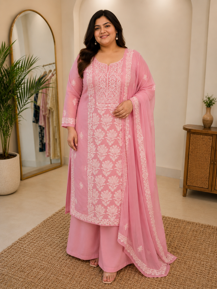 Pink rose organza Chikankari Kurta duppata Suit set-Custom made