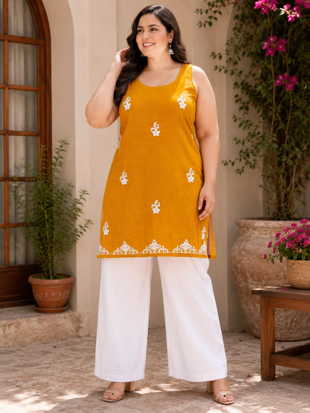 Mustard rayon Chikankari Short kurta