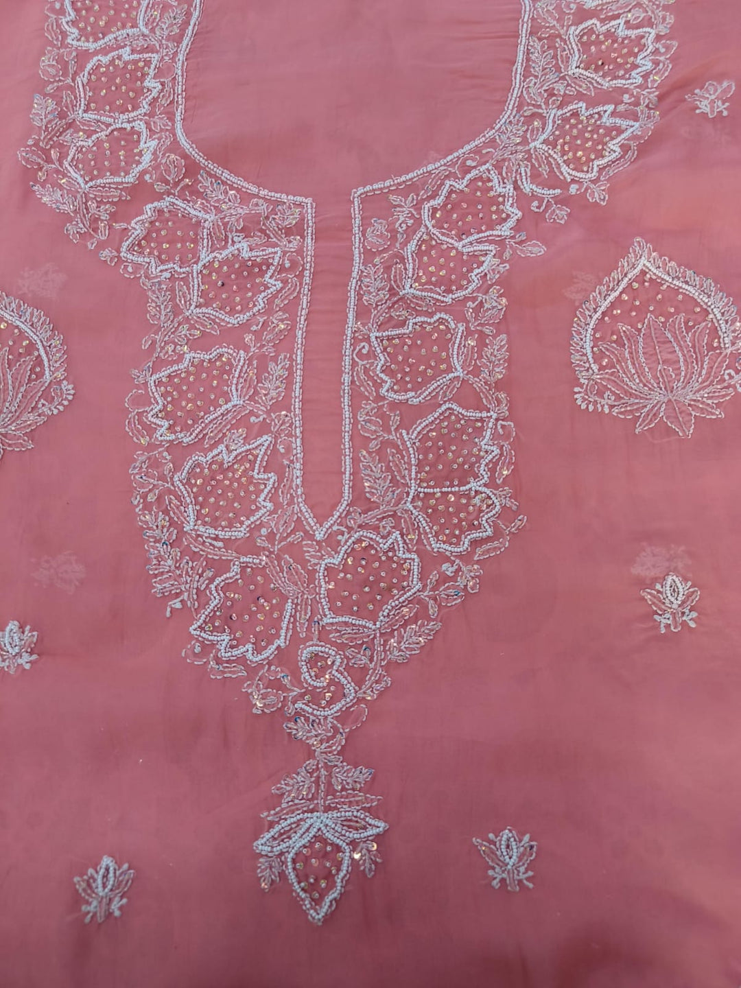 Peachy rose organza Chikankari Kurta Duppata Fabric