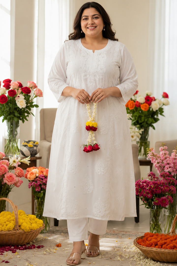 White A-Line Pure Georgette Chikankari Kurta -Custom Made
